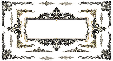 A collection of ornate black and white floral design elements and a rectangular frame on a white background