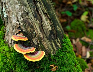 Multicolored bracket fungi on mossy log