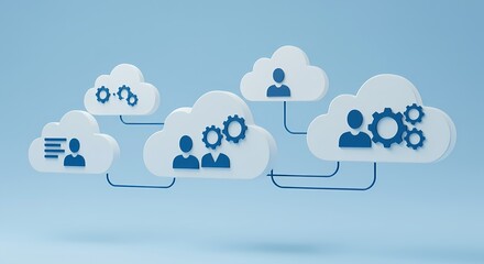 Cloud computing network connecting people and processes with gears and data