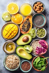 Colorful array of fresh fruits, vegetables, nuts, seeds, and grains