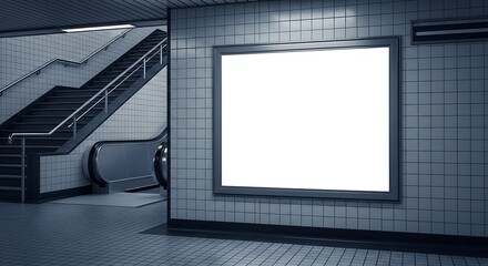 Empty Advertisement Panel in a Subway Station with Stairs and Escalator