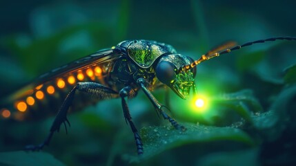 Firefly, its abdomen a brilliant, pulsating emerald green light, against an unseen twilight, macro, magical glow