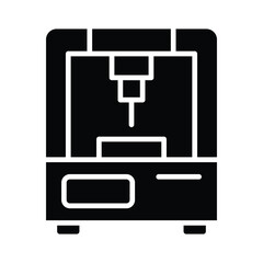 Black and white icon of a 3D printer with a detailed design and features