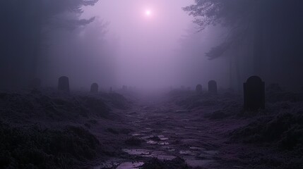 Foggy graveyard path