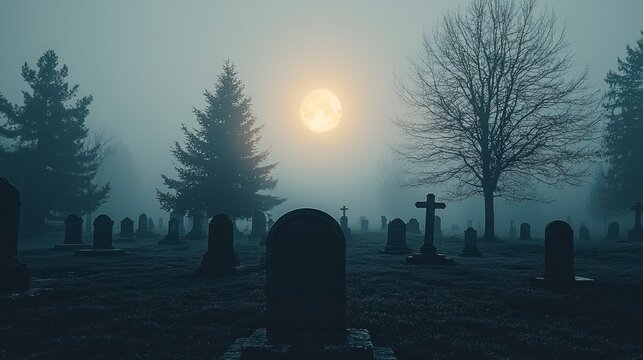 Foggy graveyard at night, full moon