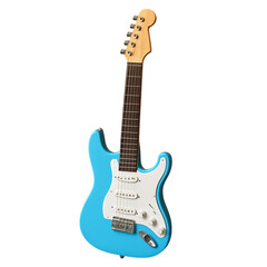 Obraz premium Bright blue electric guitar detailed close-up with a classic design and polished finish transparent background