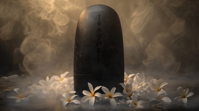Shiva Lingam, smooth black metamorphic stone, adorned with ethereal flowers whose petals are made of pure, condensed light, subtle mist, temple light