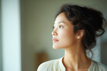 窓の外を眺める女性の横顔