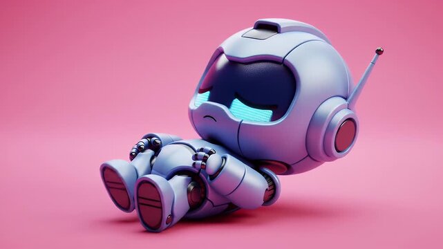 A charmingly cute mecha robot, rendered with a reflective pose and glowing eyes, captures a moment of gentle sadness against a vibrant pink backdrop.