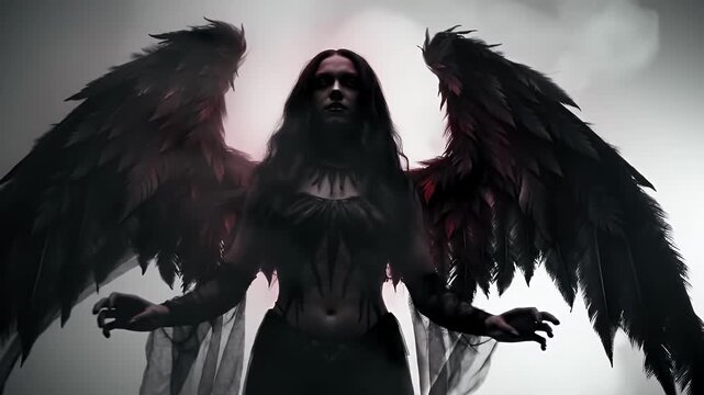 A sinister dark angel with large black feathered wings and shadowed eyes emerges from a smoky, backlit background.