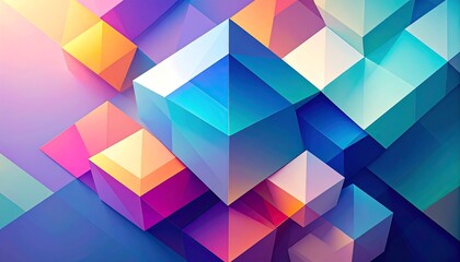 A vibrant, geometric design featuring layered cubes and triangles in a spectrum of bright colors.