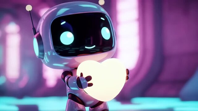 A cute mecha robot, with a polished futuristic design, gently cradles a glowing heart, symbolizing love and warmth within a vibrant, neon-lit digital realm.