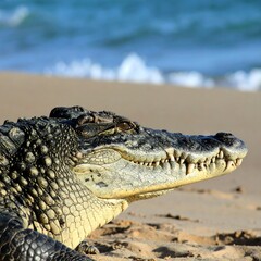 Obraz premium Crocodile on beach, close-up