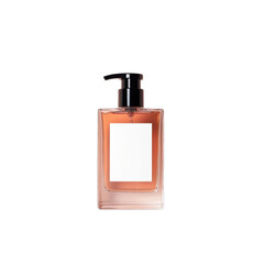 Rectangular glass perfume bottle with a blank label.