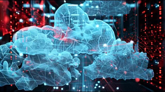 Professional IT hybrid infrastructure showing physical datacenter servers morphing into cloud networks, Dell server racks on left side physically blending and transforming into Oracle cloud elements