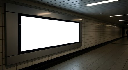 Illuminated Blank Advertising Billboard in a Dark Subway Tunnel with Person