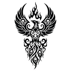 Obraz premium A stylized tribal phoenix design, flames engulfing its body, wings outstretched in a symmetrical pattern.