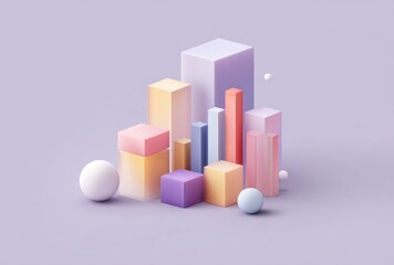 Abstract Bar Graph with Colorful Cylinders and Cubes Representing Data Visualization