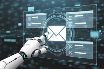 Robot hand clicking email icon, AI automated messaging, smart inbox, marketing automation technology UI.