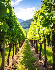 Naklejka premium Vineyard Rows Under Sunny Sky