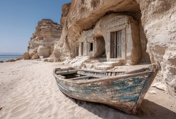 Abandoned wooden boat resting on sandy beach with historic cave dwellings carved into cliffs