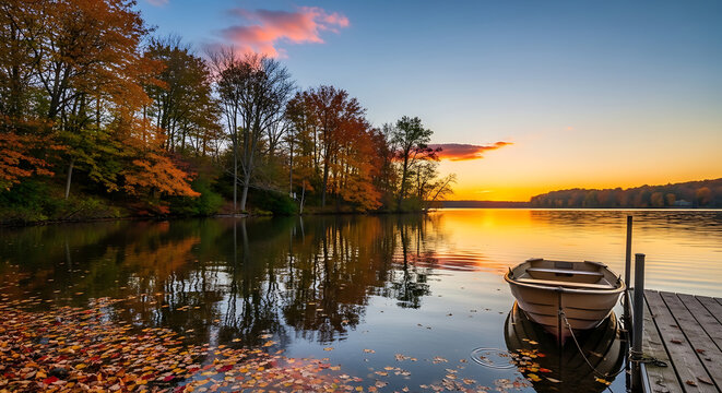 A serene lake scene at sunset with autumn foliage boat and dock creating a peaceful and scenic view