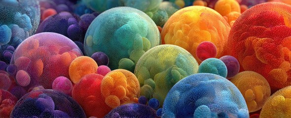 Colorful, abstract spheres in a dense cluster
