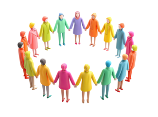 Diverse group of stylized figures holding hands in a circle