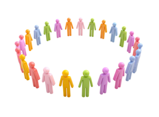 Colorful figures form a circle.  A circle of many small, brightly colored figures, facing inward