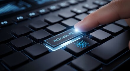 Ctivating artificial intelligence with a finger press on a keyboard button close up technology and innovation concept for ai