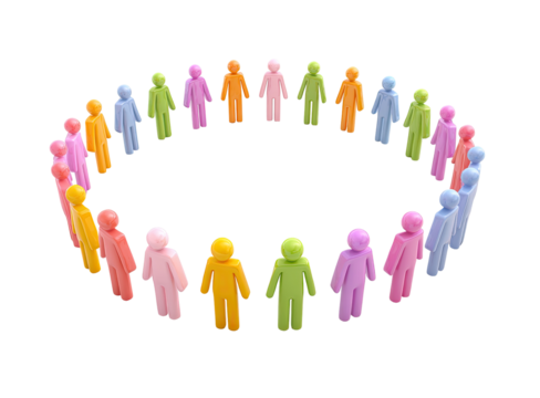 Colorful figures form a circle.  A circle of many small, brightly colored figures, facing inward