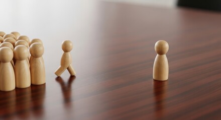 Wooden figures showing leadership and individuality standing out from the crowd on a wood table representing business and personal growth