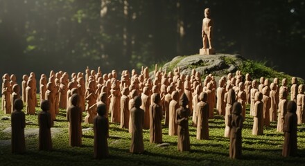 Wooden figures in a field with a leader on a rock in a 3d render perfect for illustrating concepts of leadership and community