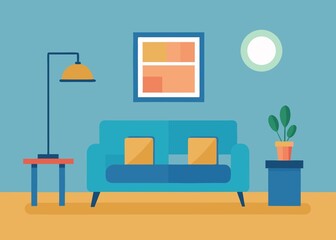 Fototapeta premium Cozy Living Room Interior Design with Blue Sofa Lamp Artwork and Plant Illustration