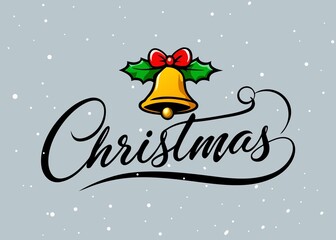 Festive Christmas Bell Illustration with Holly and Red Bow on a Snowy Gray Background
