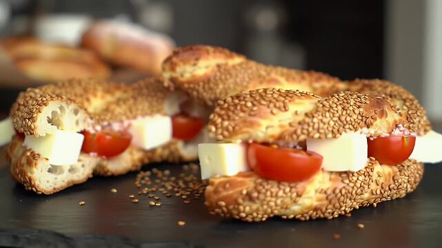 Sesame Bagels with Cheese and Tomatoes on Dark Slate Plate Delicious Food
