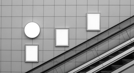 Modern monochrome: Escalator ascends past blank frames on tiled wall, minimalist urban design