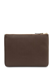 Various leather accessories, including brown and black wallets and a purse, are against a plain background