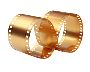 Two intertwined gold film reels.  Glossy, detailed, and looping, showing frame numbers