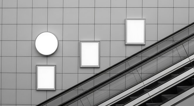 Modern monochrome: Escalator ascends past blank frames on tiled wall, minimalist urban design - Powered by Adobe