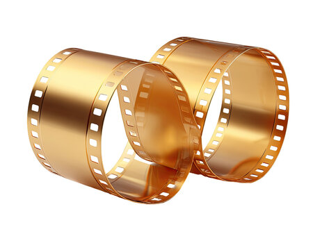 Two intertwined gold film reels.  Glossy, detailed, and looping, showing frame numbers - Powered by Adobe