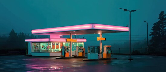 Fototapeta premium Neon-lit gas station at dusk, rain-slicked asphalt