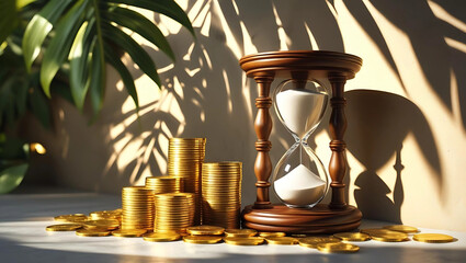 Golden Coins and Hourglass Symbolizing Wealth, Time, and Investment