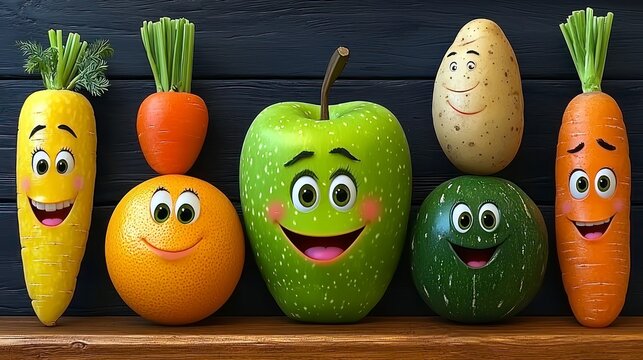 Fruits and veggies with smiley faces posing