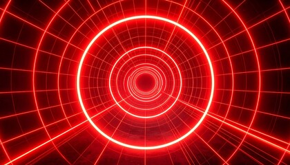 Fototapeta premium A vibrant, red digital tunnel of concentric circles, illuminated by glowing lines, creates a captivating and futuristic atmosphere.