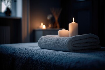 Spa treatment room with candles and towels