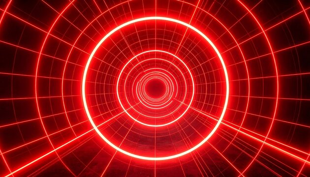 A vibrant, red digital tunnel of concentric circles, illuminated by glowing lines, creates a captivating and futuristic atmosphere.