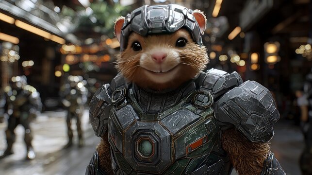 Furry warrior hamster in sci-fi suit, smiling