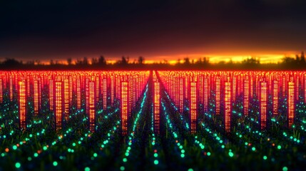 Futuristic data field at sunset