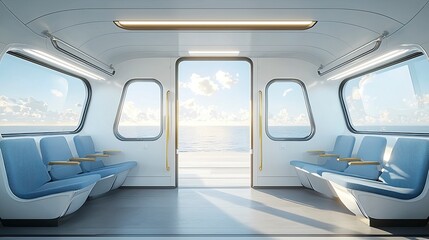 Futuristic train interior with a sea view